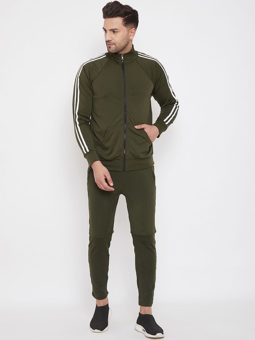 CHROME & CORAL Men Olive Green & White Solid Tracksuit