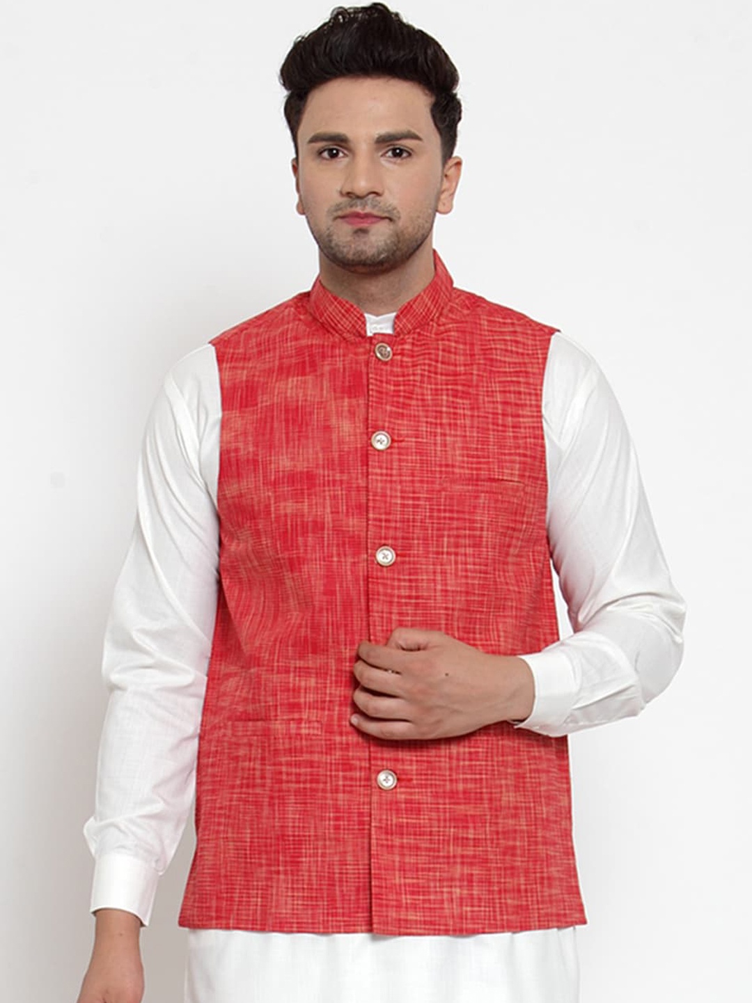 Jompers Men Red Woven Design Nehru Jacket