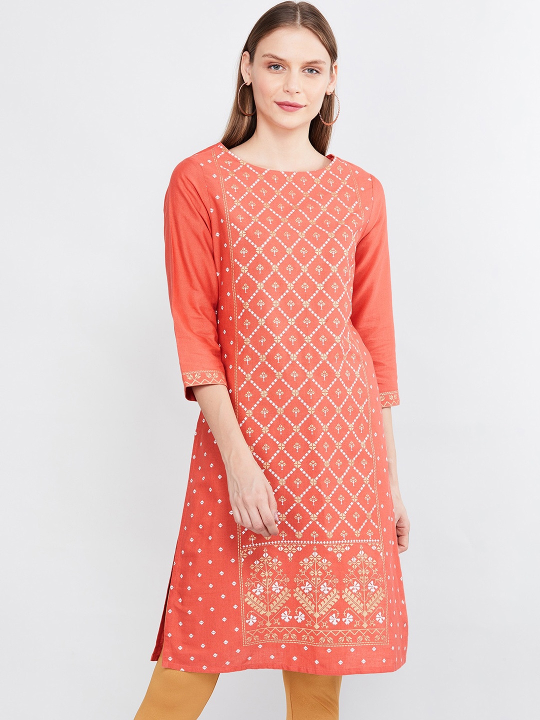 max Women Peach Printed Straight Kurta