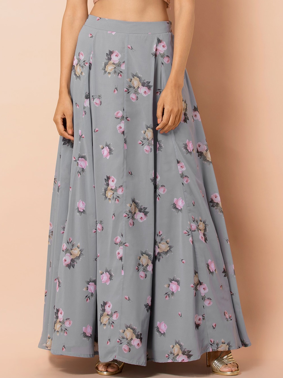 INDYA Women Grey & Pink Floral Printed Maxi Flared Skirt