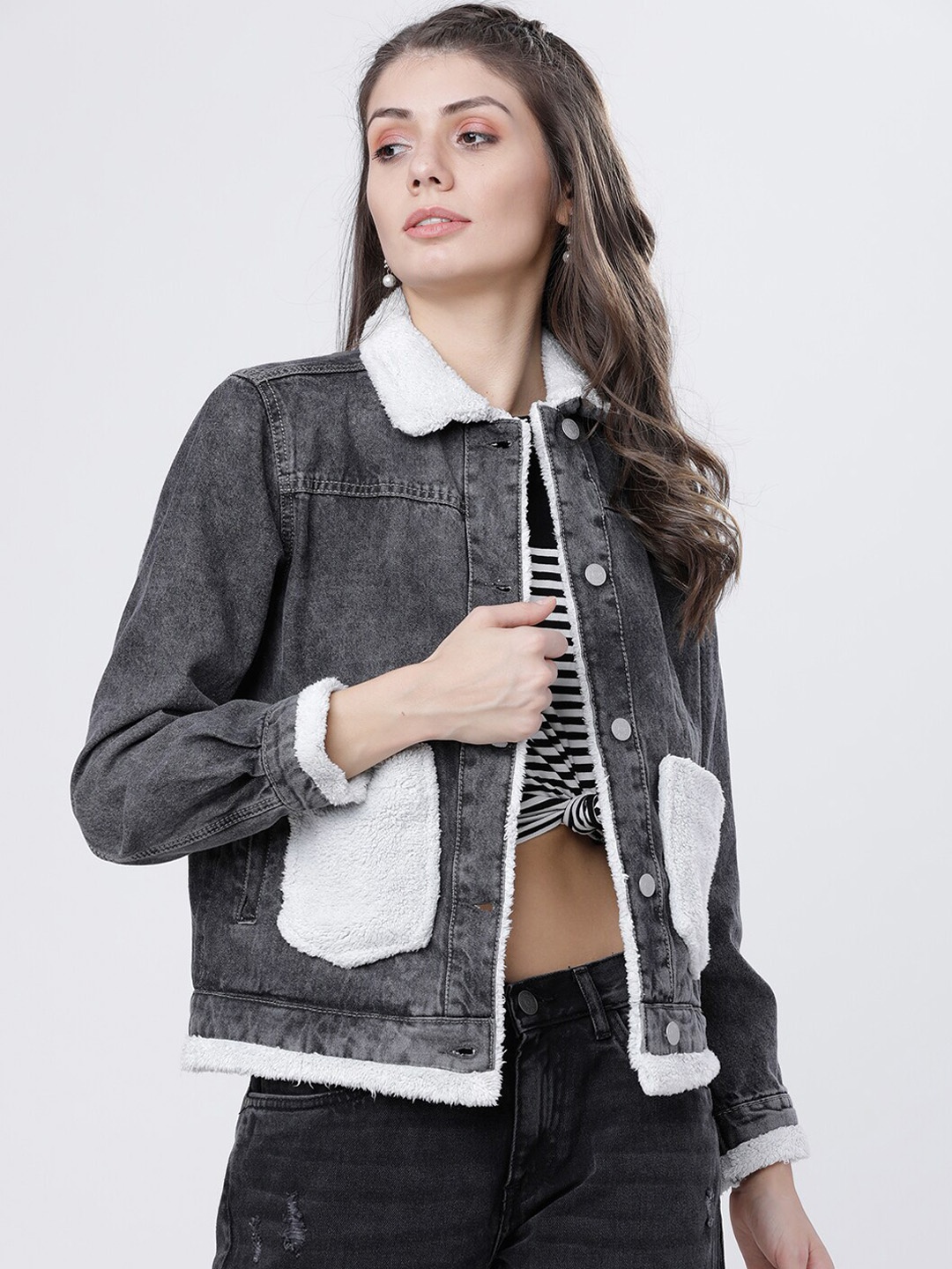 Tokyo Talkies Women Grey and White Colourblocked Denim Jacket
