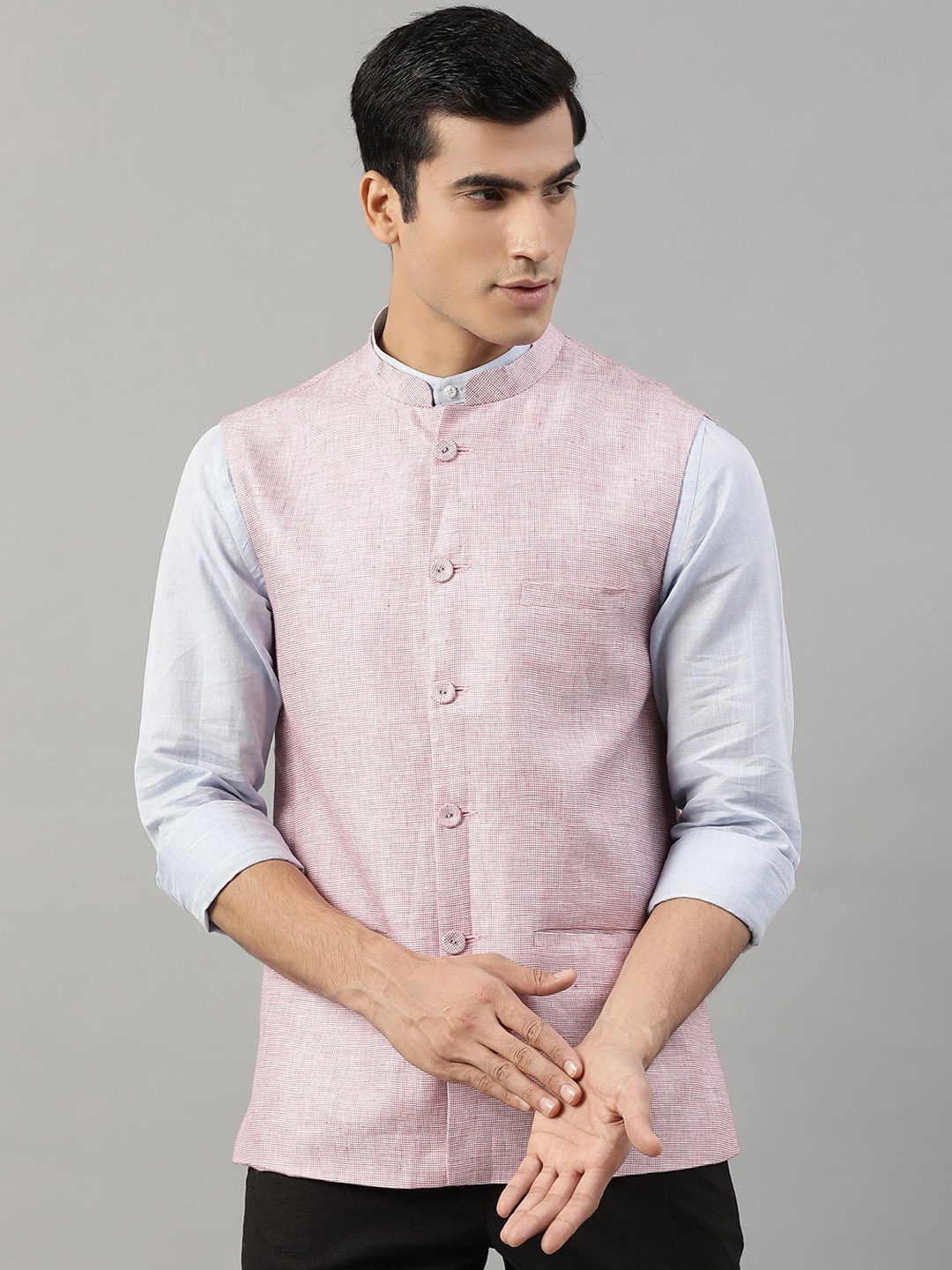 HARSAM Men Pink Woven Design Nehru Jacket