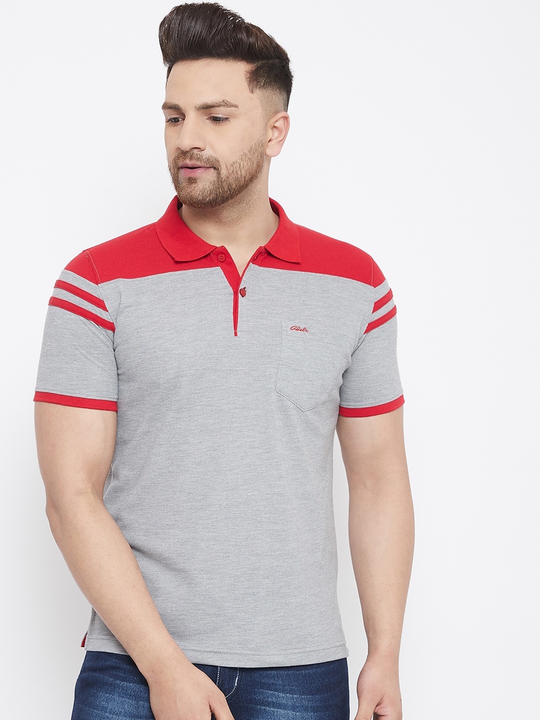 Adobe Men Red Colourblocked Polo Collar T-shirt