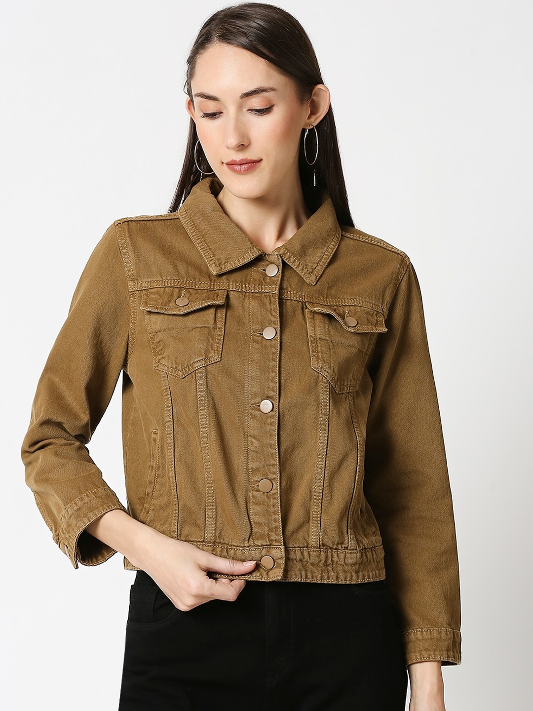 High Star Women Mustard Yellow Solid Stretchable Denim Jacket