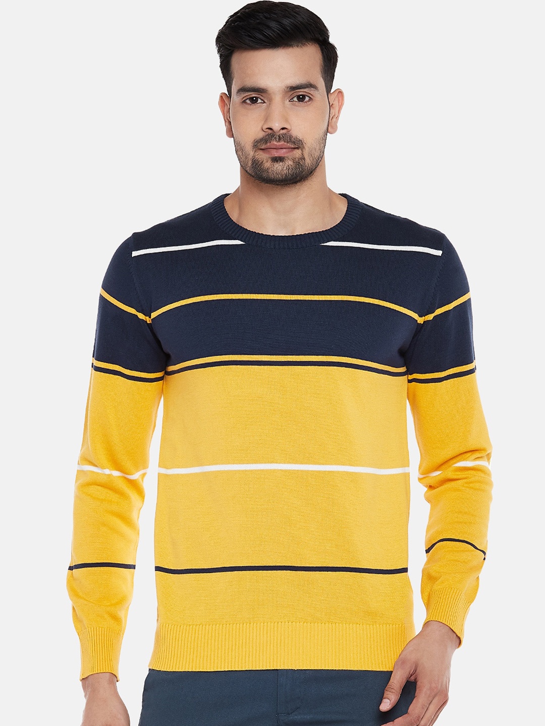 BYFORD by Pantaloons Men Mustard Yellow Striped Pullover Sweater