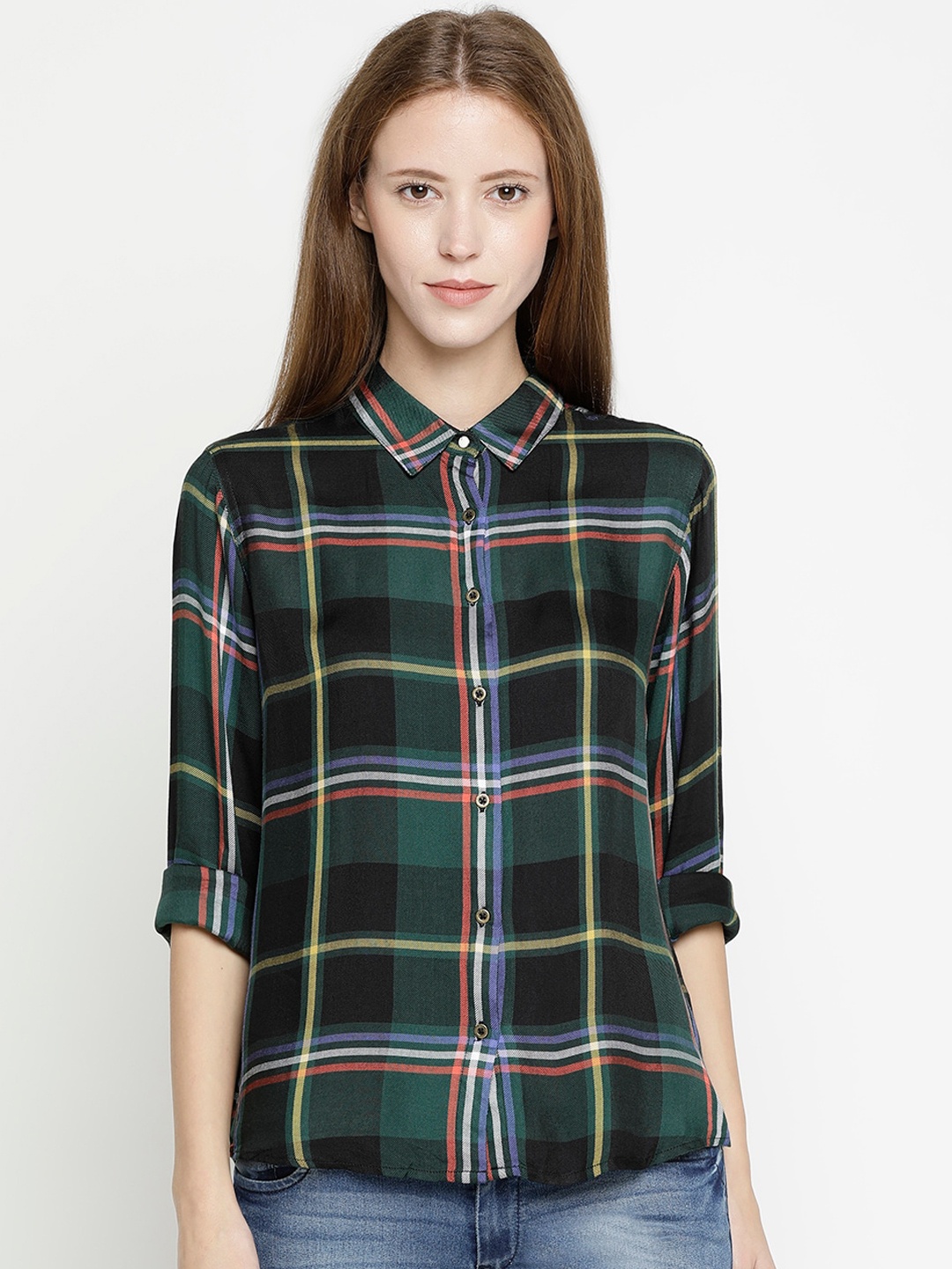 Pepe Jeans Women Green Regular Fit Checked Casual Shirt