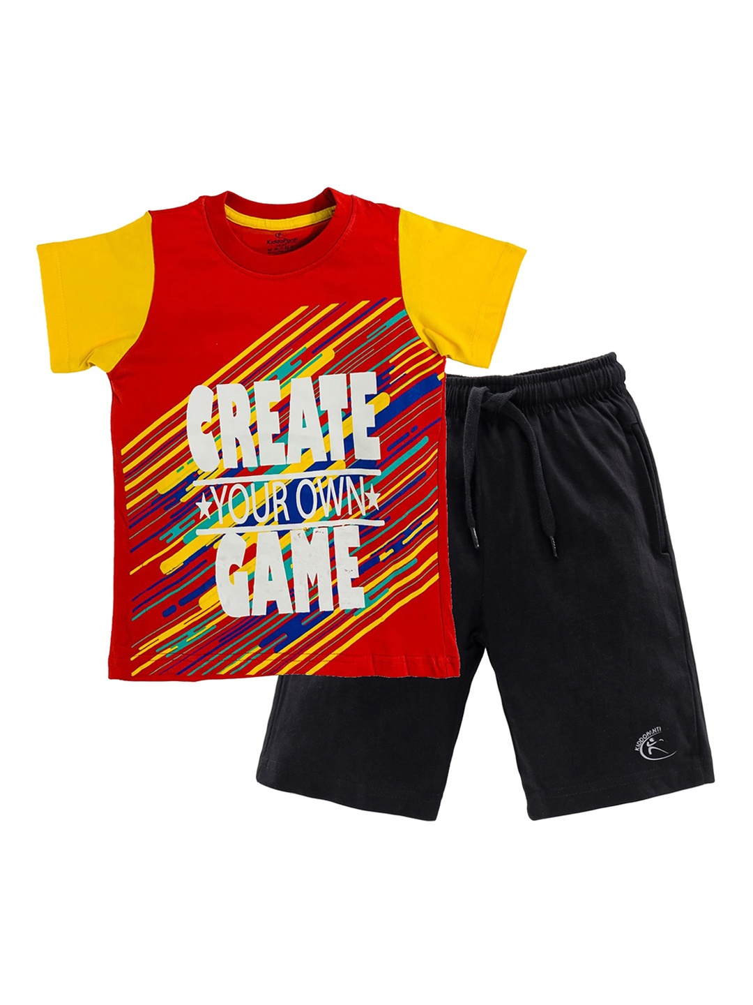 KiddoPanti Boys Red & Black Printed T-shirt with Shorts