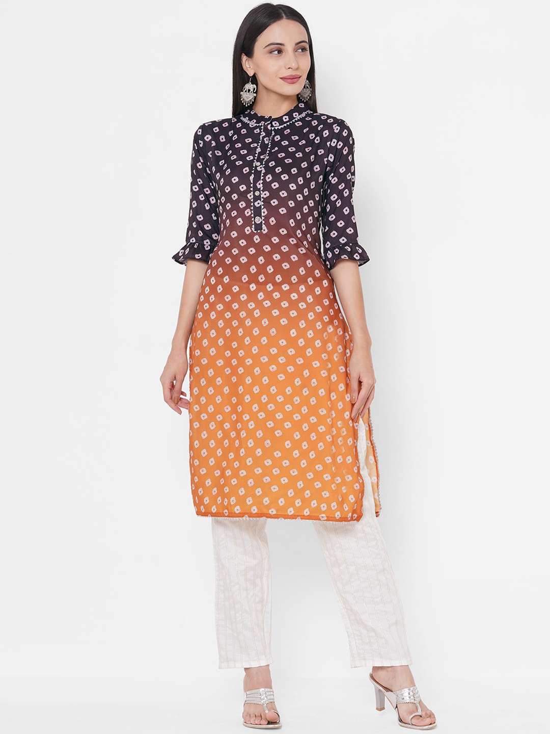 FASHOR Women Navy Blue & Orange Woven Design Straight Kurta
