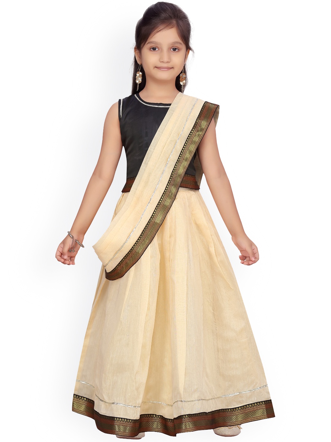 Aarika Girls Black & Beige Solid Ready to Wear Lehenga & Blouse with Dupatta