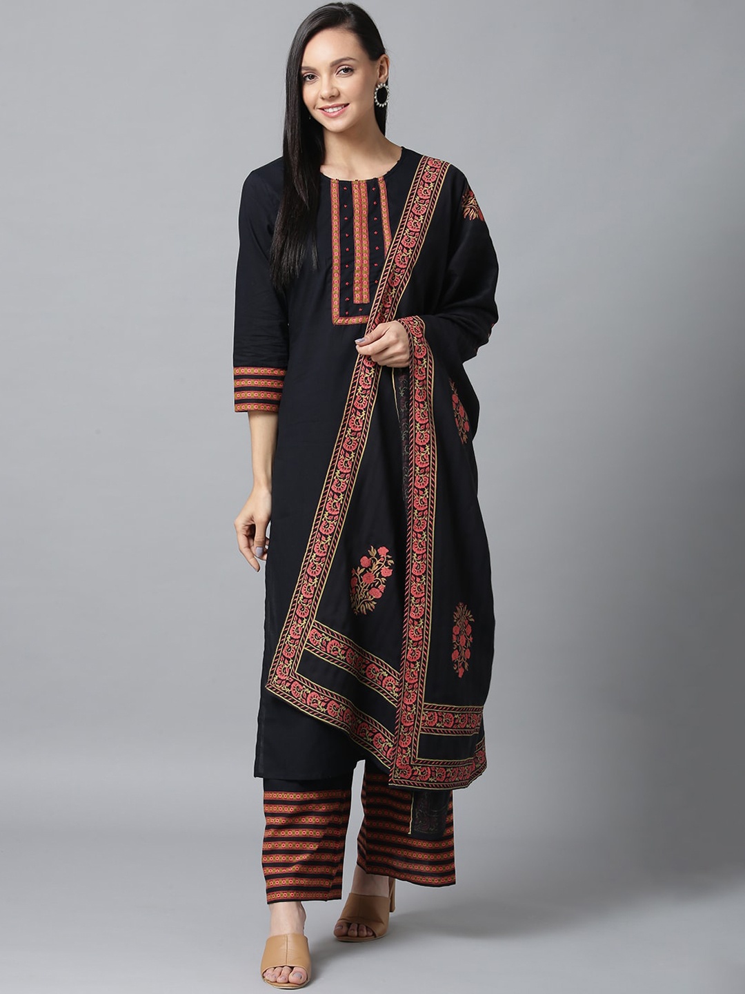 Yufta Women Black & Pink Yoke Design Kurta with Palazzos & Dupatta