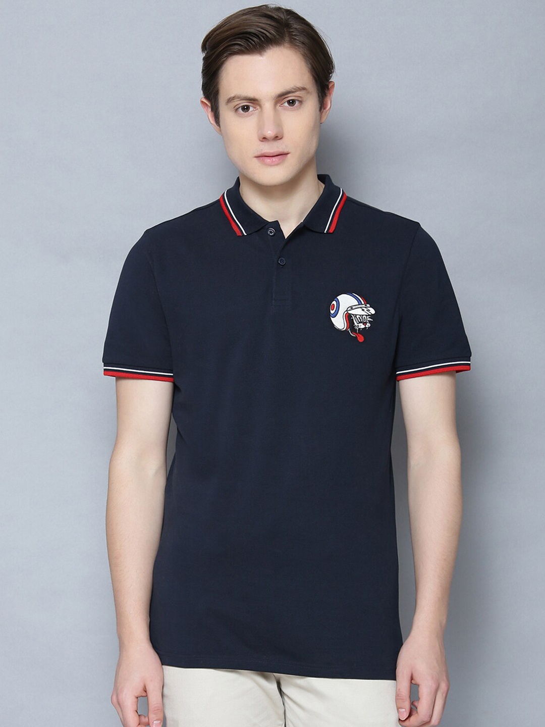 BEN SHERMAN Men Navy Blue Solid Polo Collar Cotton Pure Cotton T-shirt