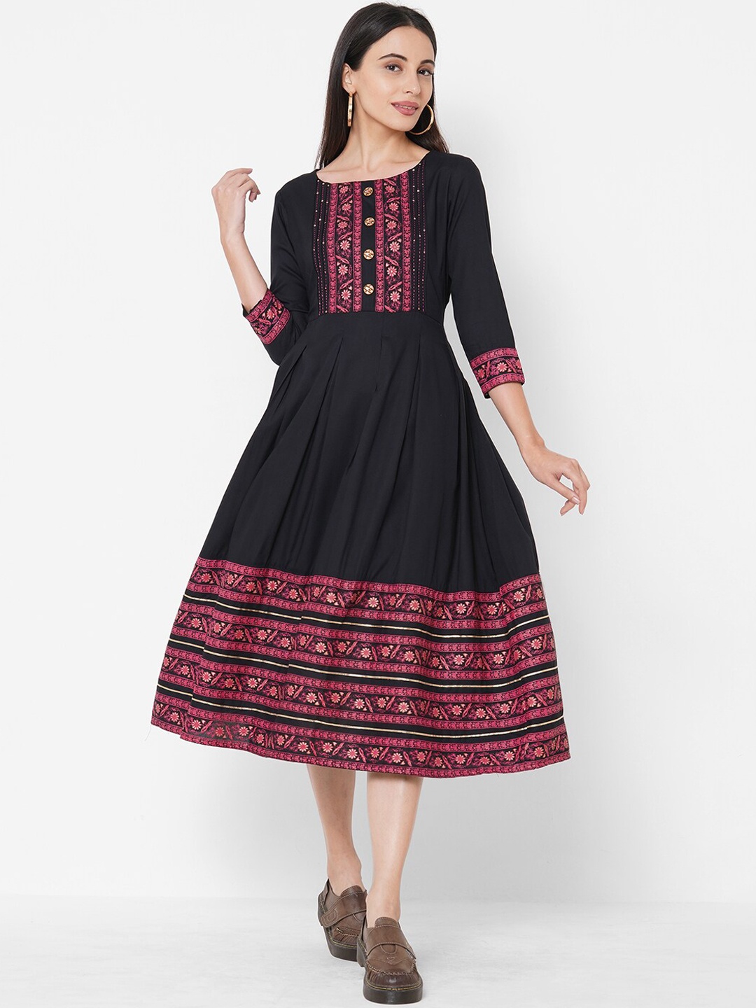FASHOR Women Black & Pink Printed Fit and Flare Dress