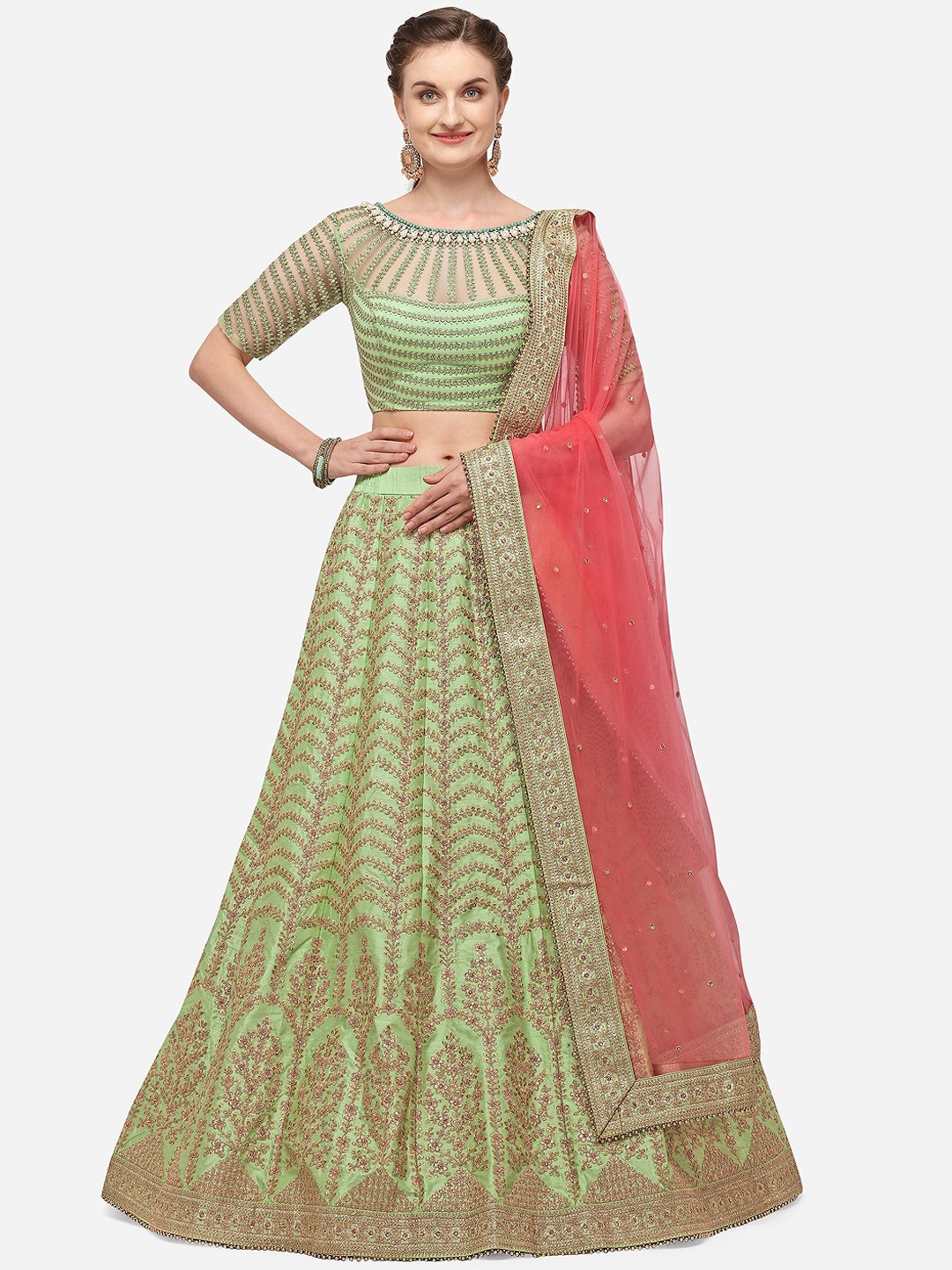 NAKKASHI Green & Gold-Toned Embroidered Semi-Stitched Lehenga & Unstitched Blouse with Dupatta
NAKKASHI Green & Gold-Toned Embroidered Semi-Stitched Lehenga & Unstitched Blouse with Dupatta