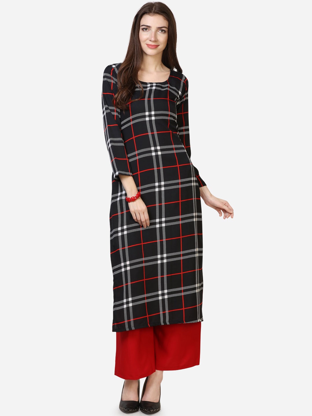 Silk Bazar Black & Red Checked Crepe Kurta