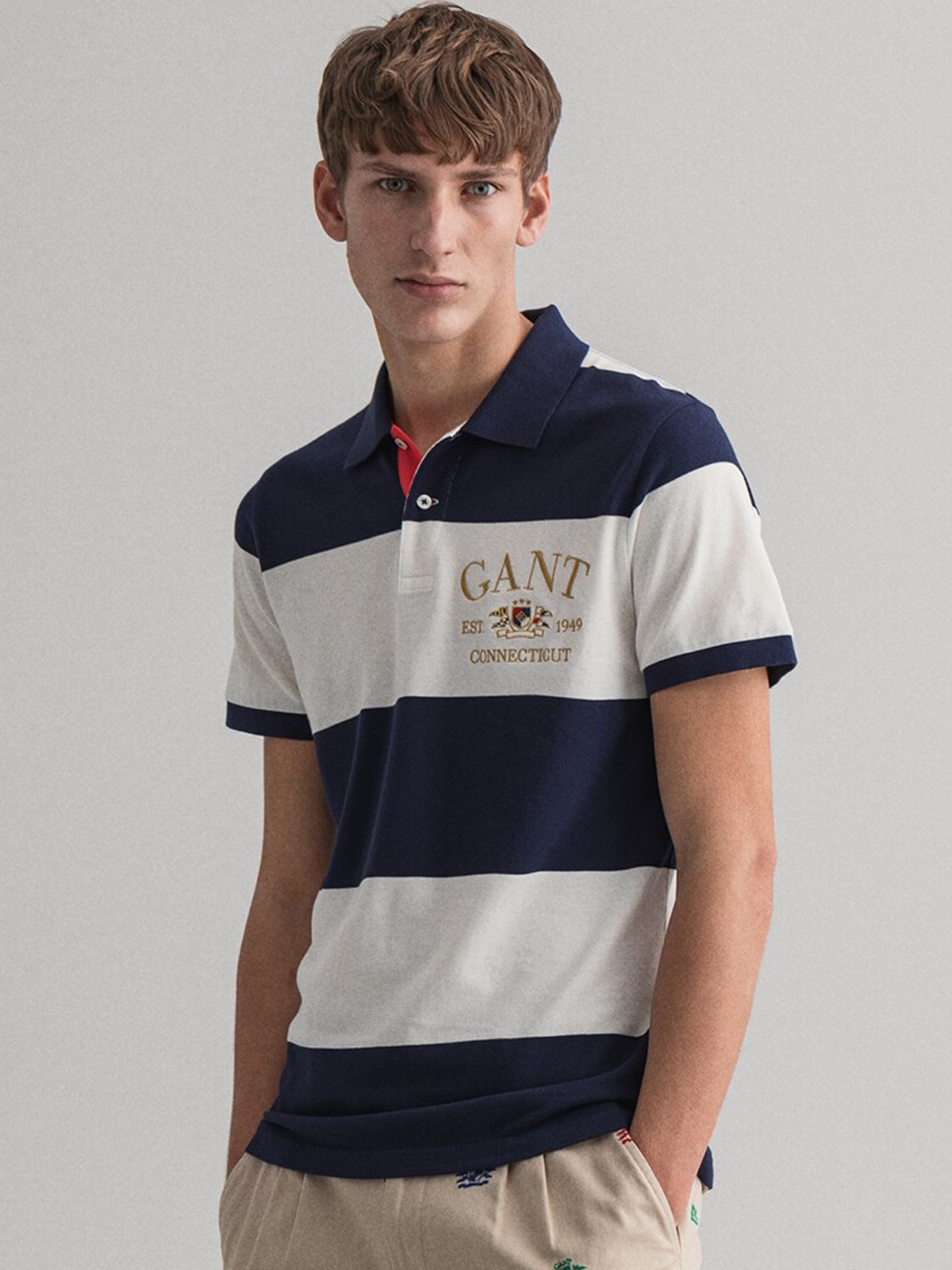 GANT Men Navy Blue & White Striped Polo Collar T-shirt