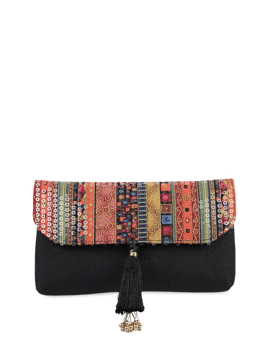 Metro Black & Orange Textured Embellished Clutch
