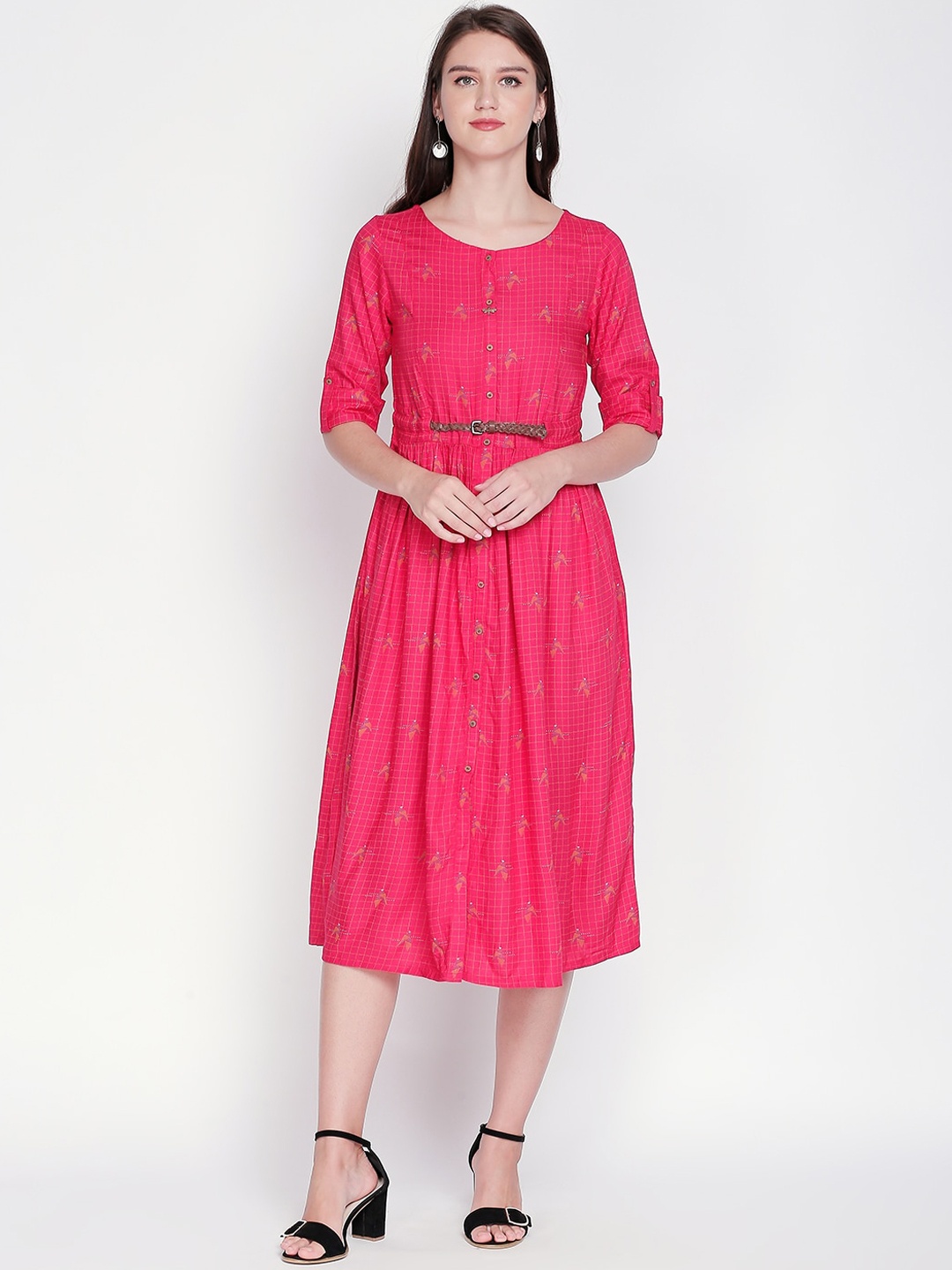 AKKRITI BY PANTALOONS Women Fuchsia Printed Fit and Flare Dress, Pink