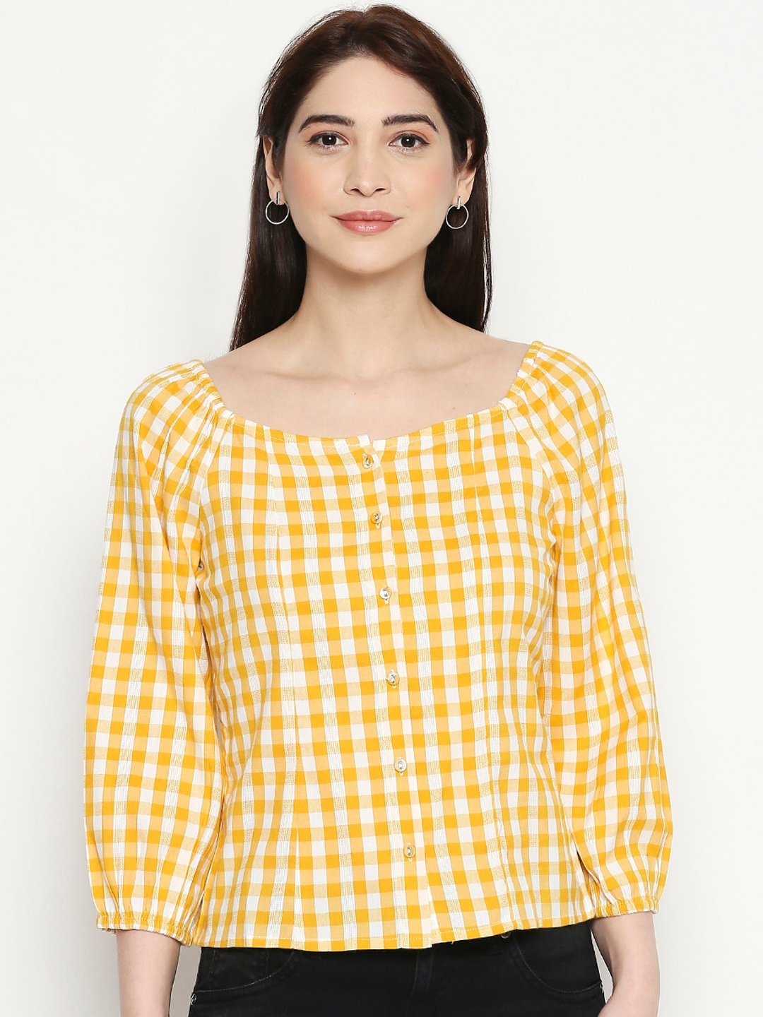 People Yellow & White Checked Square Neck Regular Sleeves Top