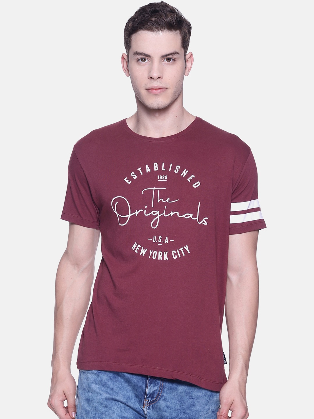 Braveo Men Maroon Printed Round Neck T-shirt