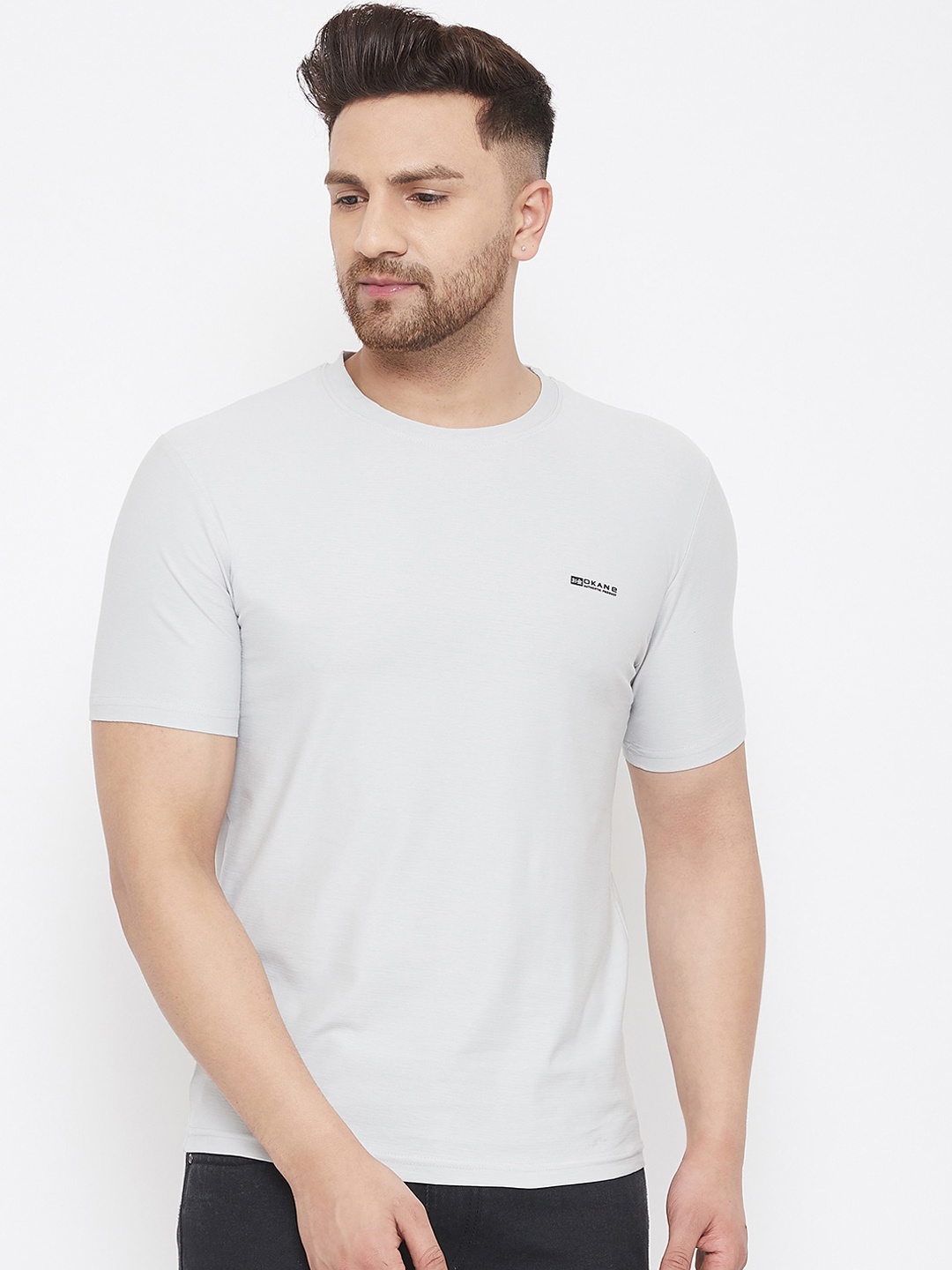 Okane Men Grey & Black Printed Round Neck T-shirt