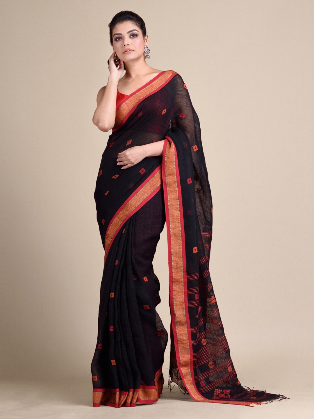 Mitera Black Printed Pure Linen Saree