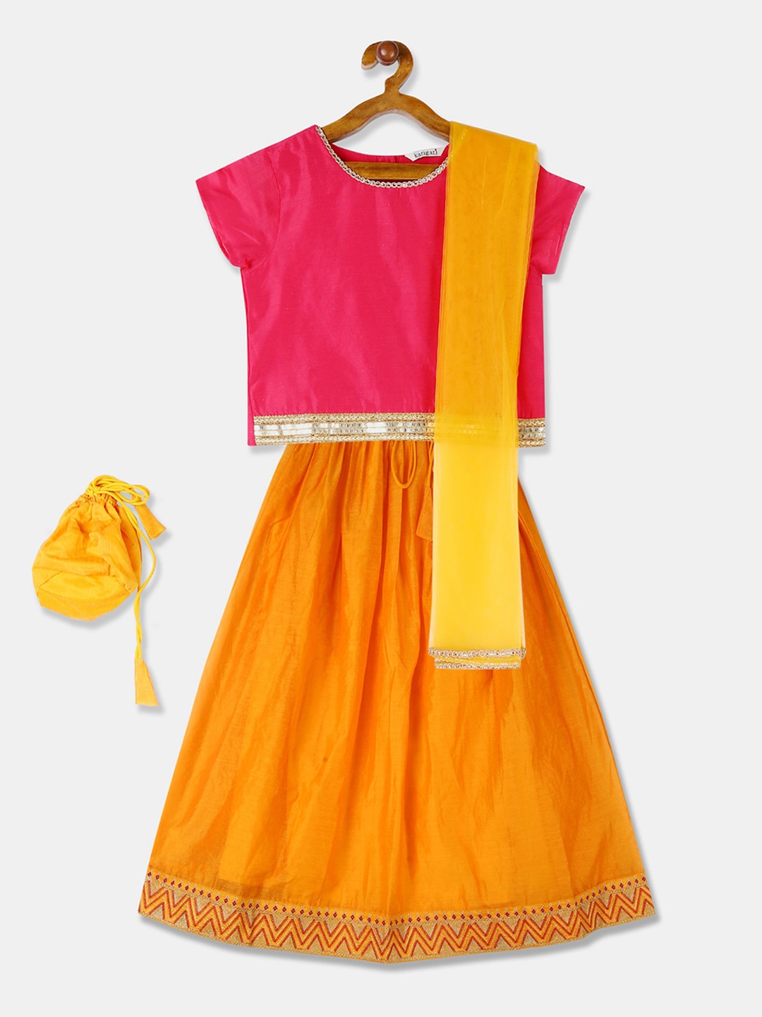Karigari Girls Pink & Yellow Solid Ready to Wear Lehenga & Blouse with Dupatta
