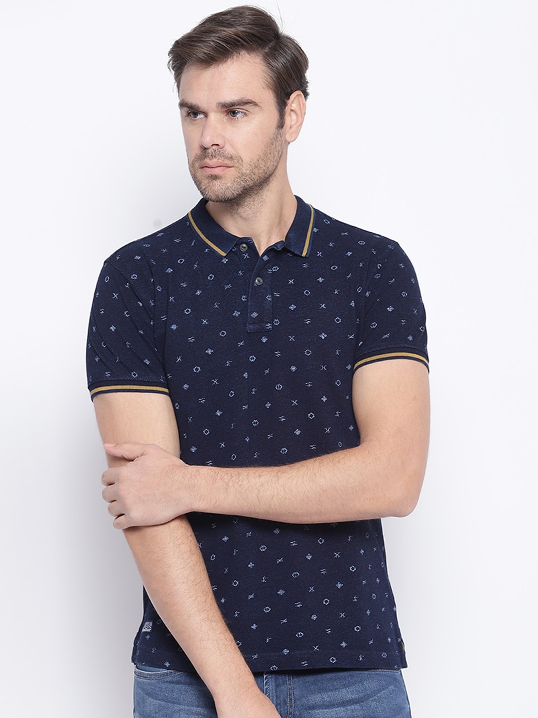 Pepe Jeans Men Blue Printed Polo Collar T-shirt