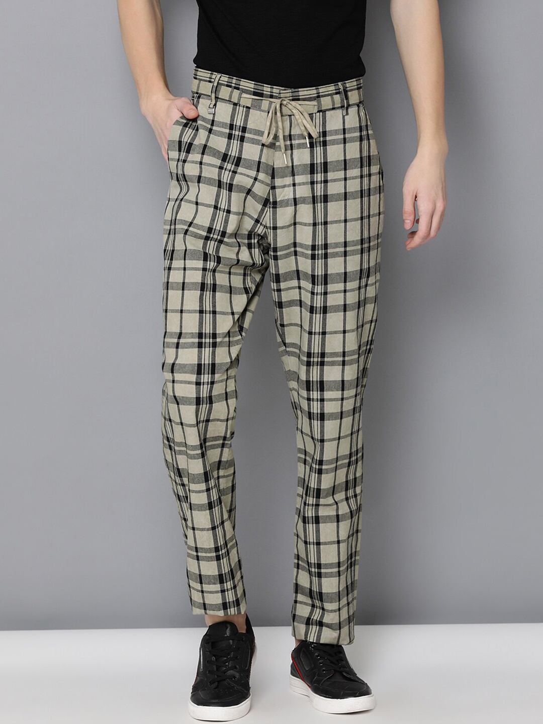 Antony Morato Men Beige Loose Fit Checked Regular Trousers