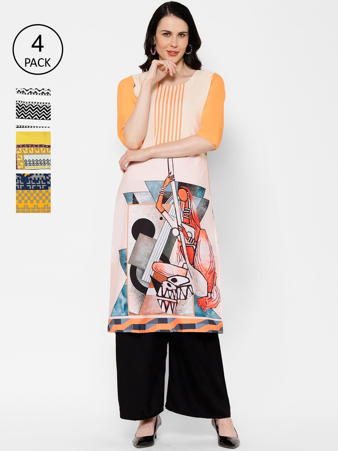 7Threads Multicoloured Pack of 4 Quirky Printed Crepe Kurta, Multi