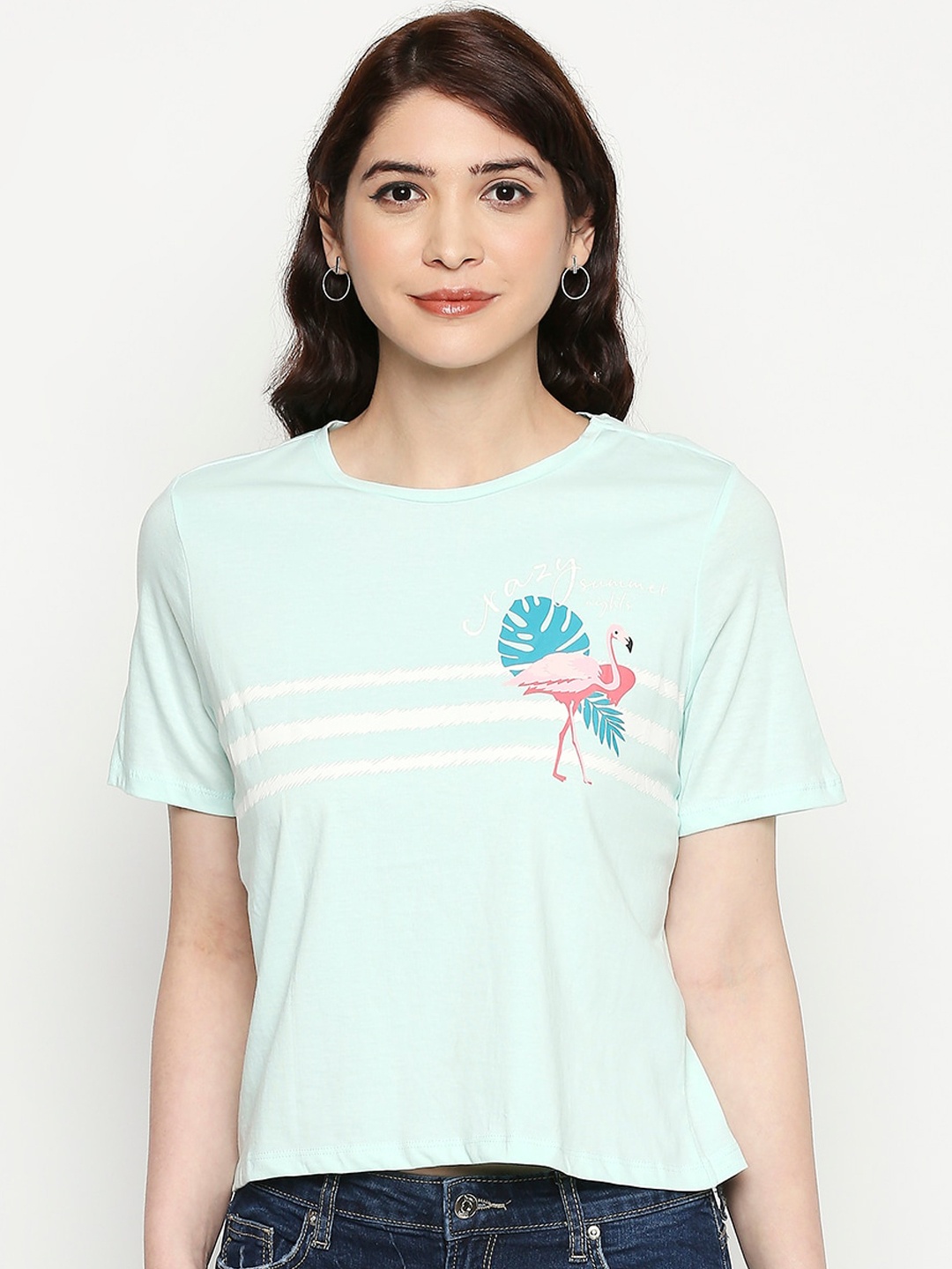 People Women Blue Printed Round Neck T-shirt