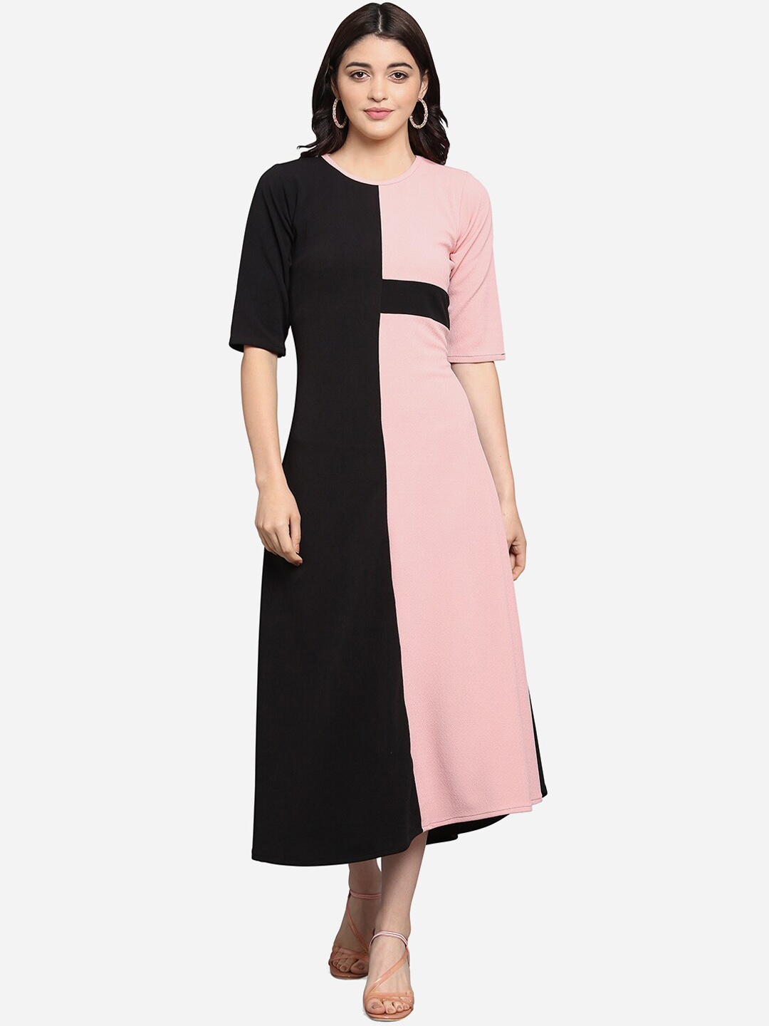 PURVAJA Women Black & Pink Colourblocked A-Line Dress