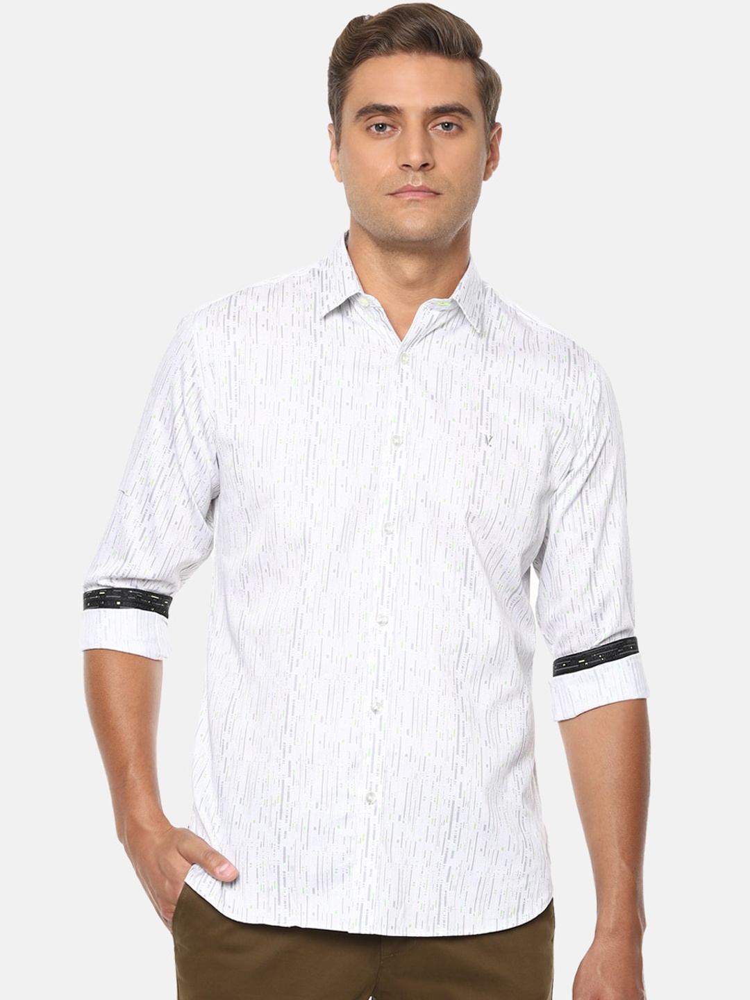 V Dot Men White & Grey Slim Fit Printed Cotton Casual Shirt