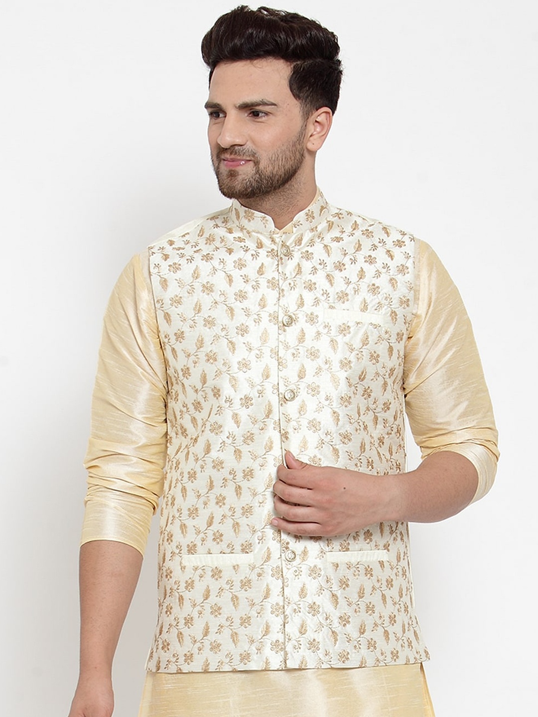 GRACIT Men Cream Coloured & Gold-Coloured Embroidered Woven Nehru Jacket