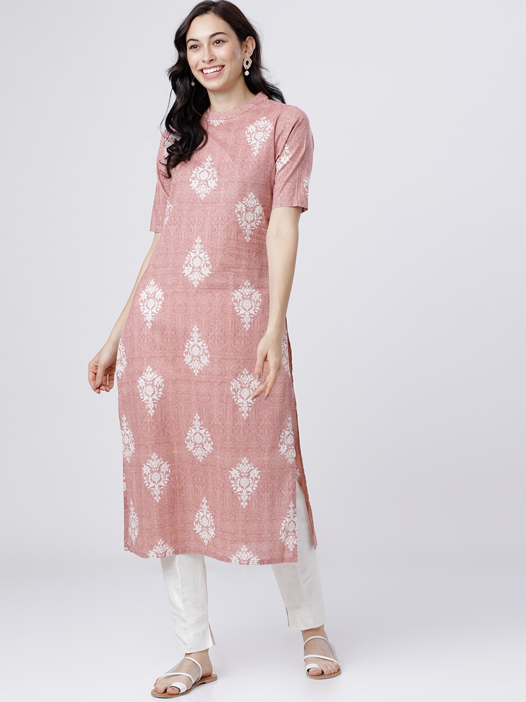 Vishudh Pink & White Floral Printed Kurta