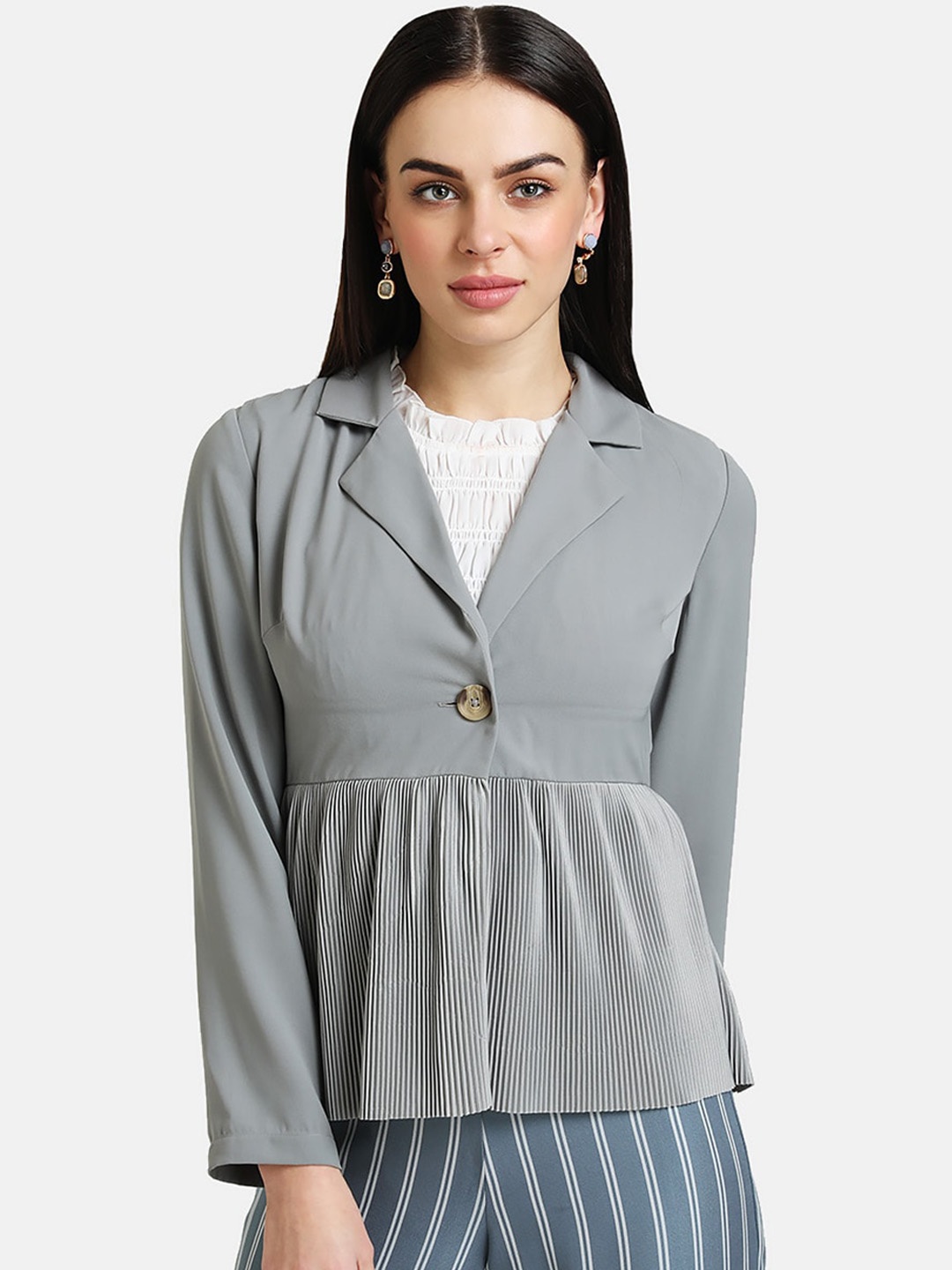 Kazo Women Grey Solid Tailored Jacket