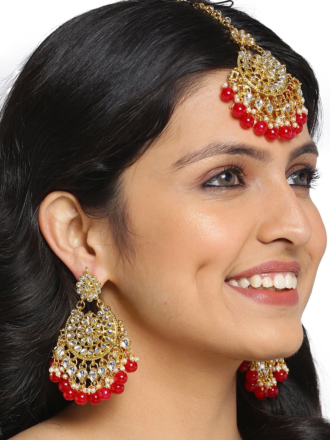Shining Diva Gold Plated White Kundan Studded & Red Beaded Jewellery Set