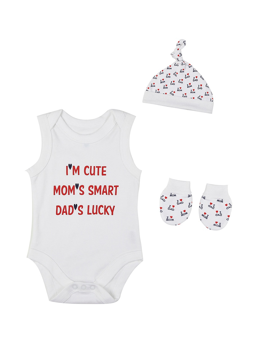 Pantaloons Baby Kids White Printed Rompers With Cap & Socks