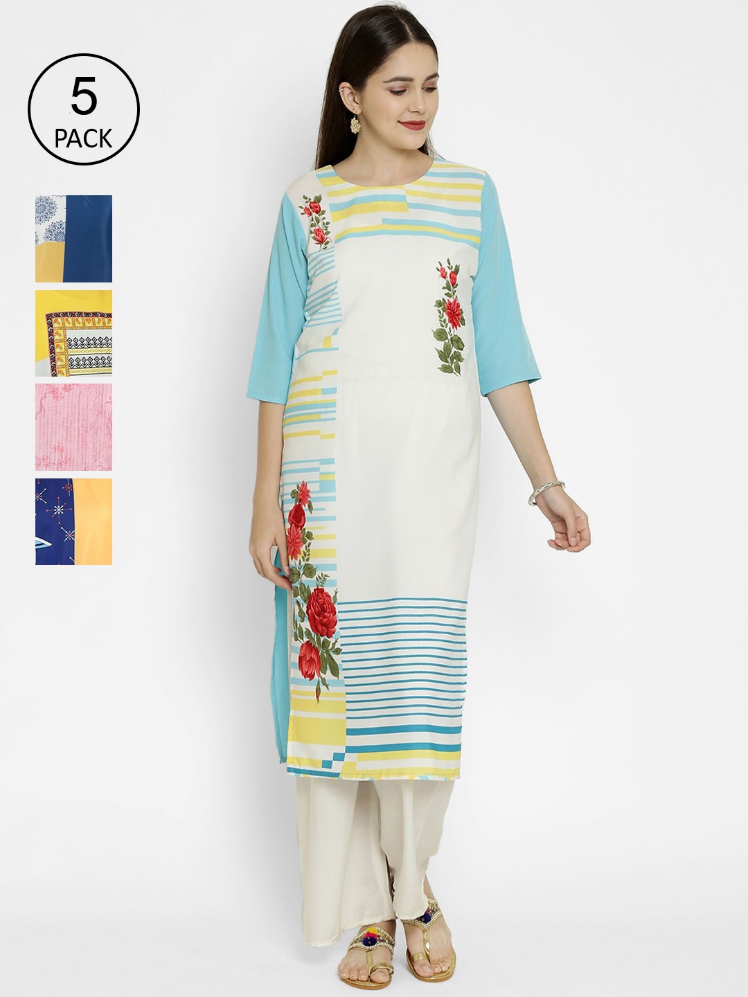 7Threads Pack Of 5 Ethnic Motifs Printed Crepe Kurta, Multi