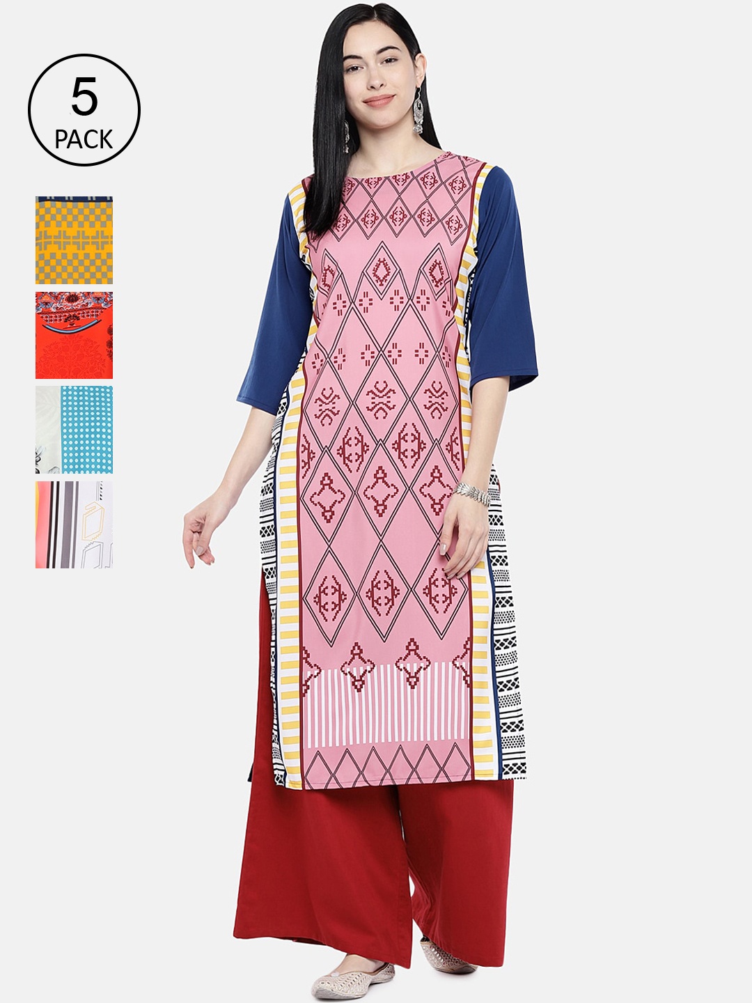 7Threads Women Multicoloured Set of 5 Printed Straight Kurta, Multi