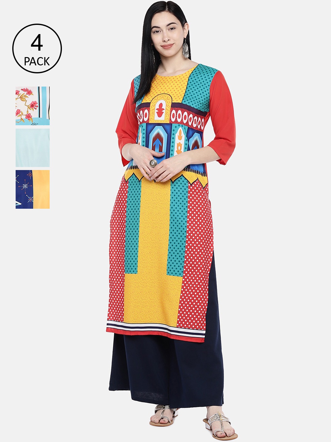 7Threads Women Multicoloured Set of 4 Printed Straight Kurta, Multi