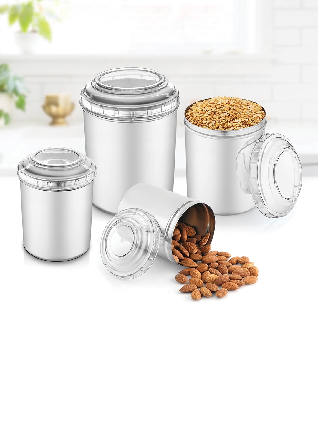 Jensons Set Of 12 Silver-Toned & Transparent Solid Stainless Steel Canisters