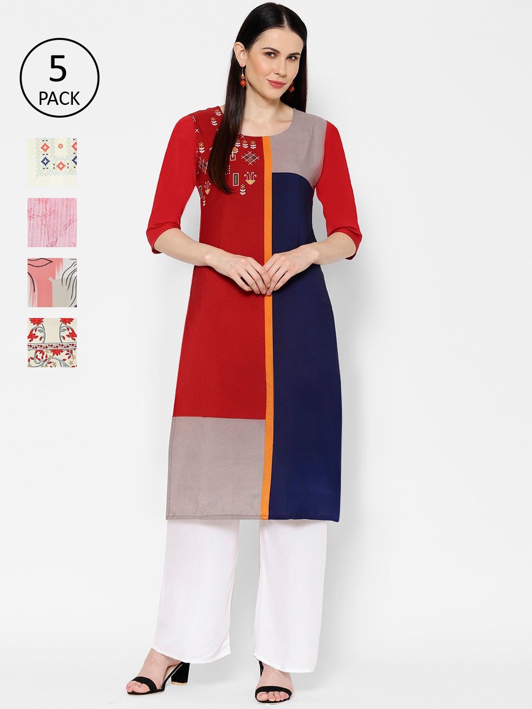 7Threads Multicoloured Pack Of 5 Colourblocked Crepe Kurta, Multi