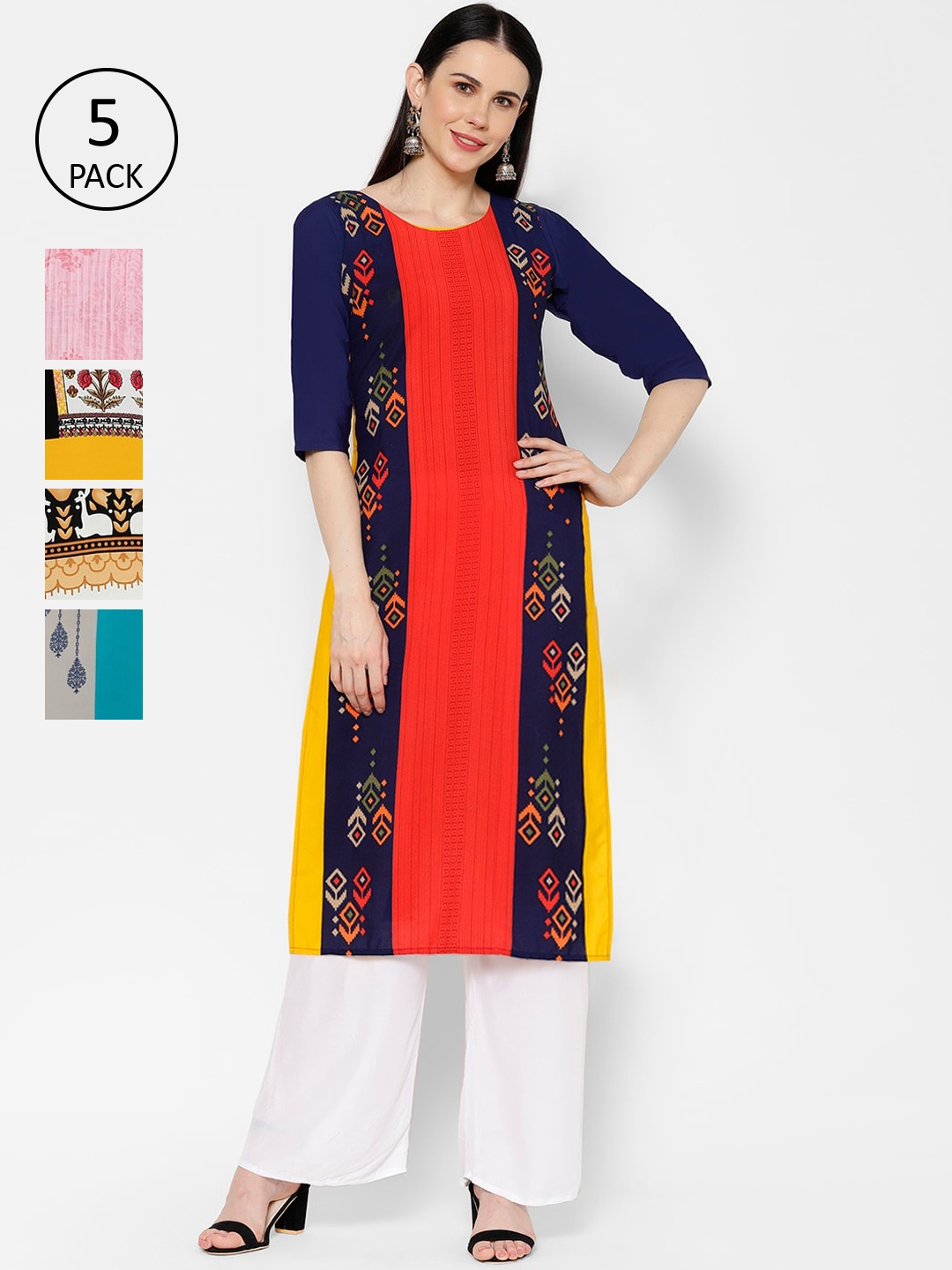 7Threads Multicoloured Pack of 5 Floral Printed Crepe Kurta, Multi