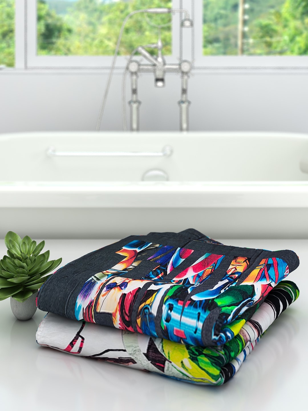 Marvel Athom Trendz Set Of 2 Marvel Printed 300 GSM Bath Towels, Black