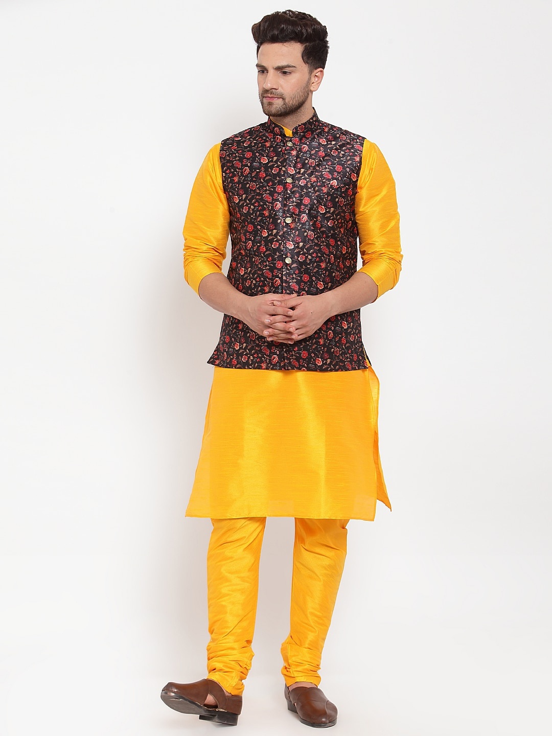 GRACIT Men Mustard Yellow Solid Kurta & Pyjamas with Nehru Jacket
