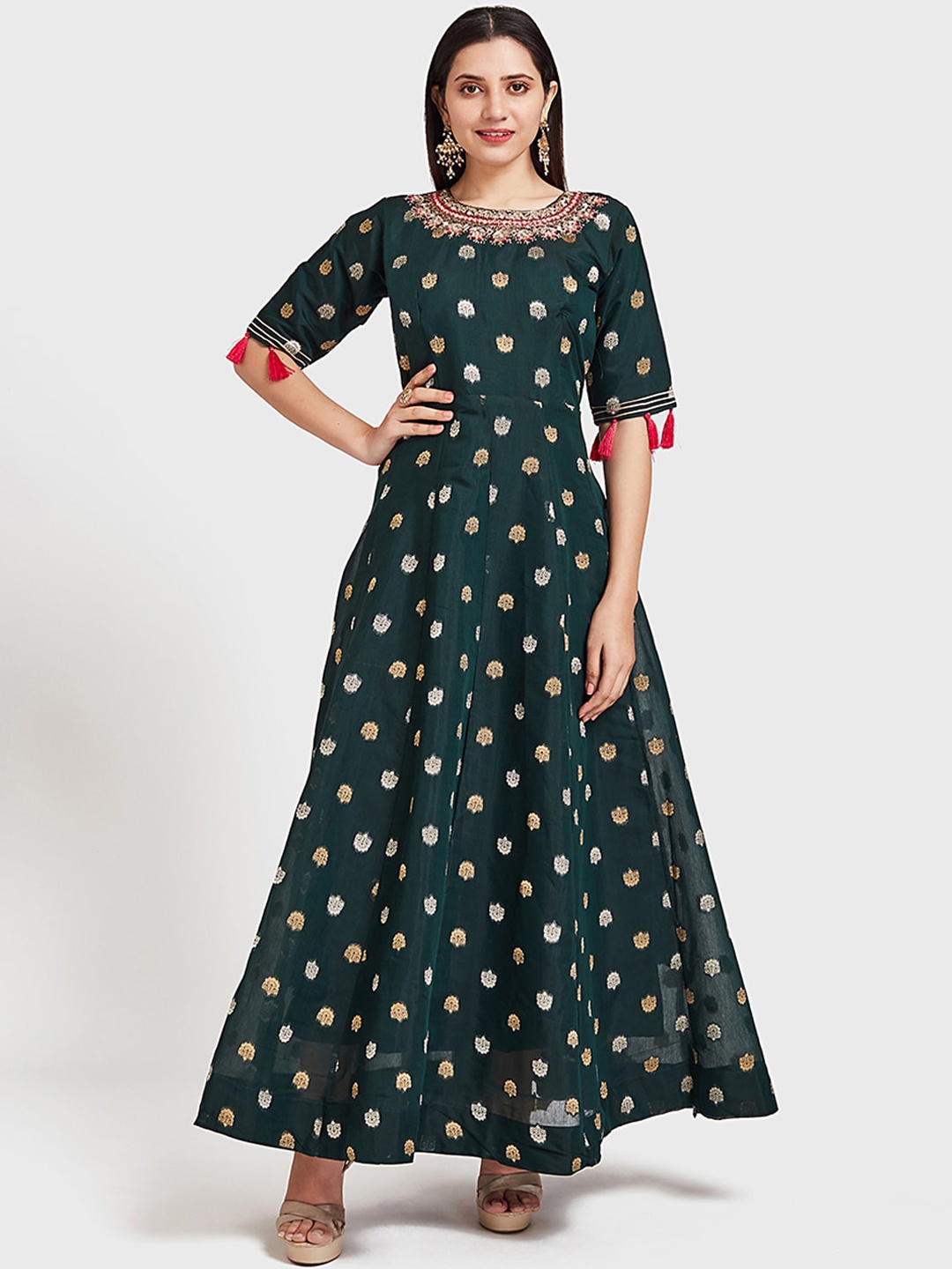 Neerus Women Green & Gold-Coloured Printed Fit and Flare Dress