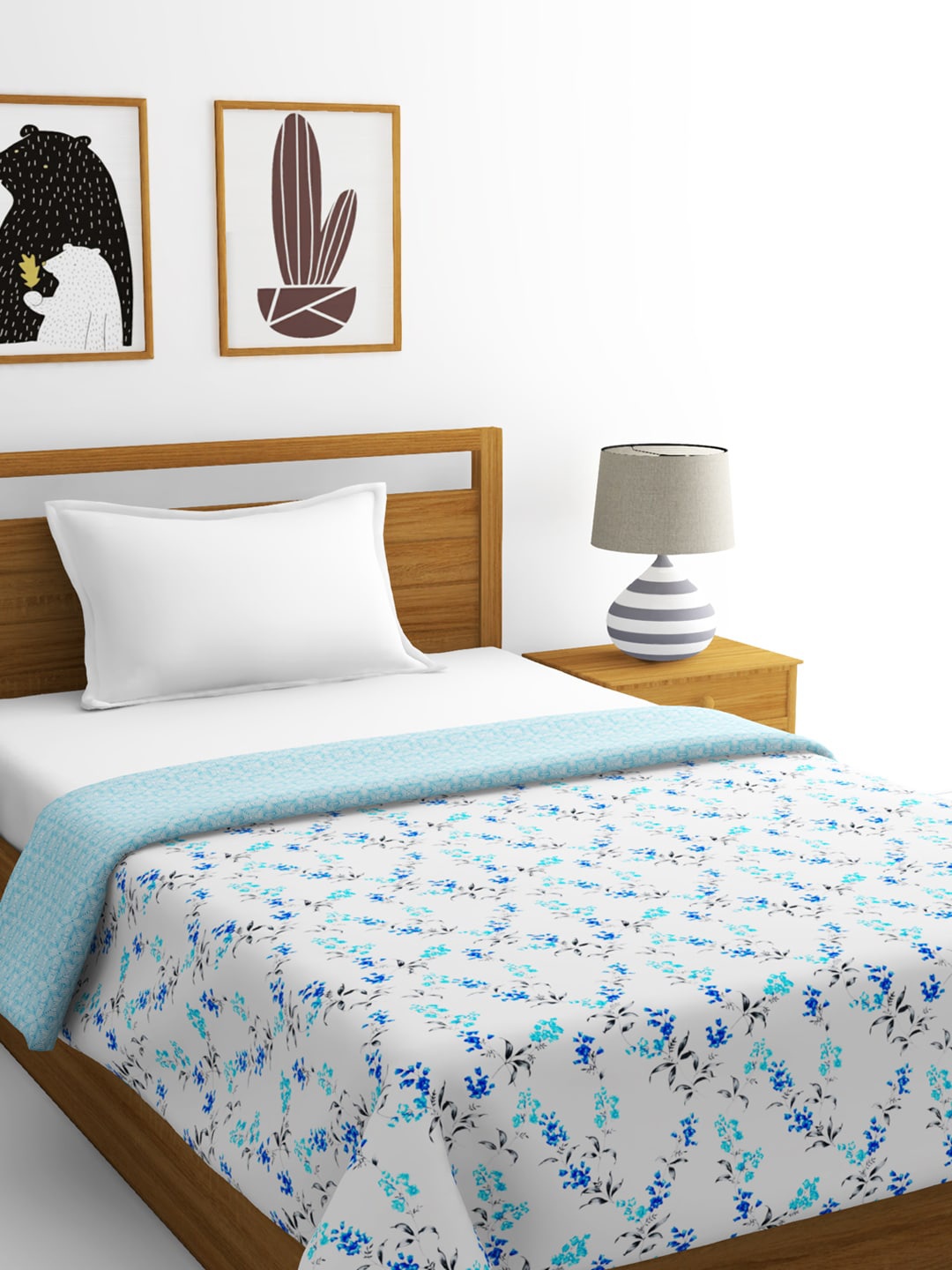 BIANCA White & Blue Floral AC Room 300 GSM Single Bed Dohar