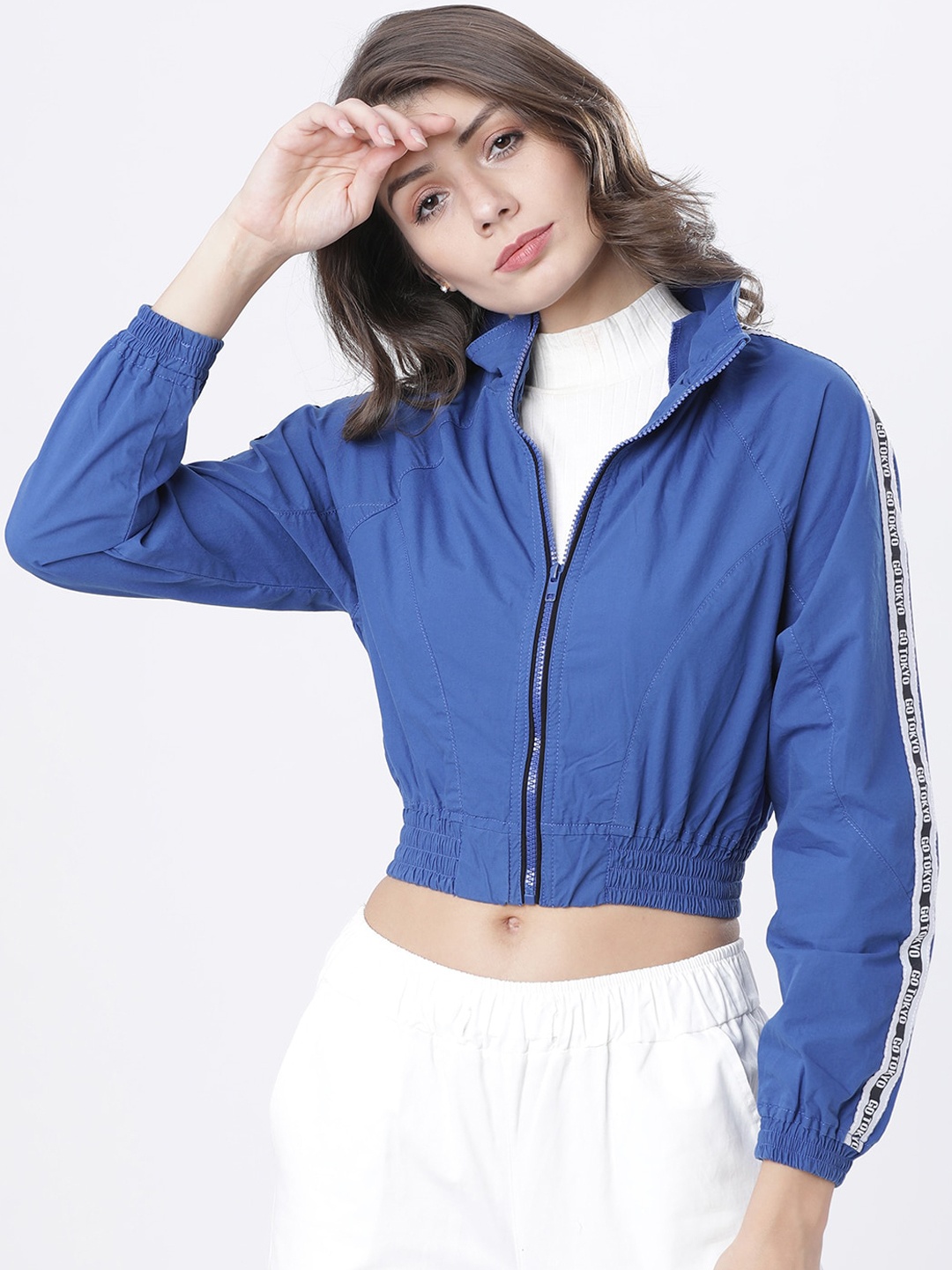 Tokyo Talkies Women Blue Solid Bomber Shacket