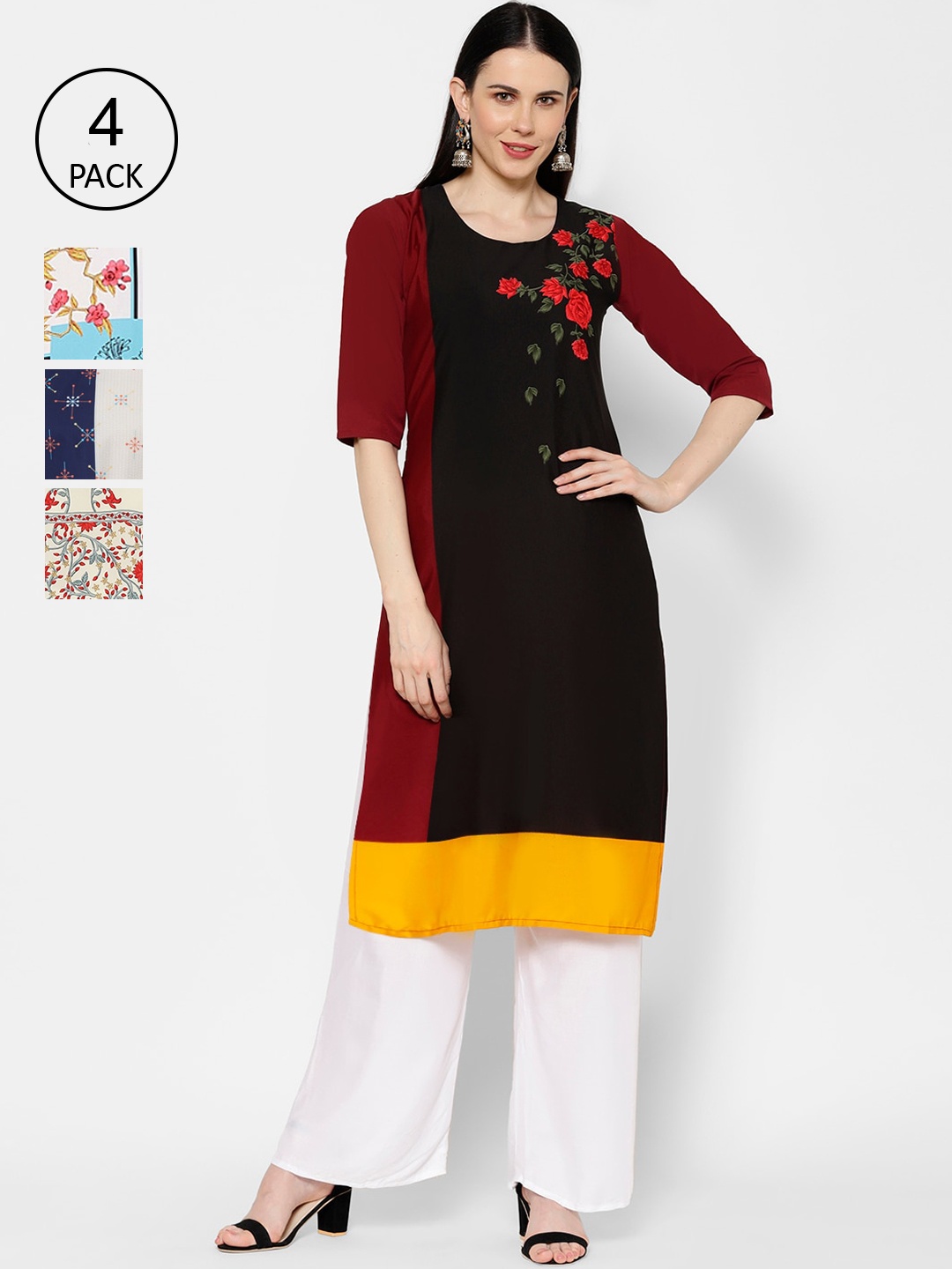 7Threads Multicoloured Pack of 4 Floral Printed Crepe Kurta, Multi