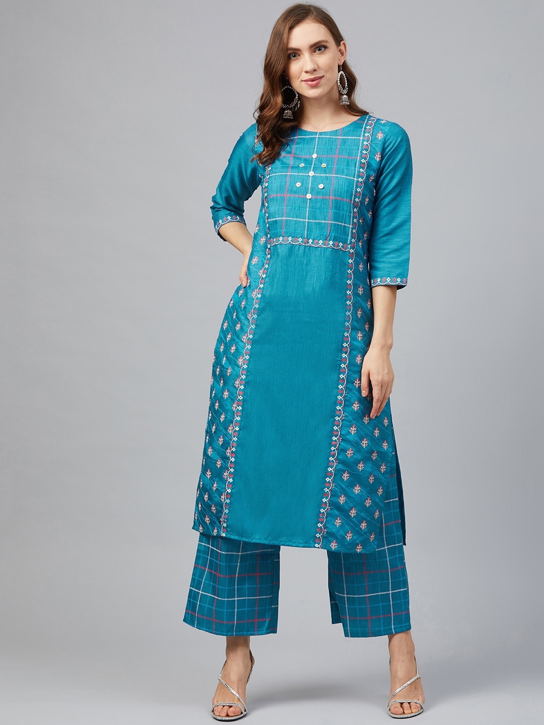 ZIYAA Women Blue & White Printed Kurta with Palazzos